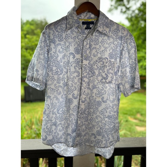 Tommy Hilfiger Linen Top, white/blue print, Size M/L - Picture 1 of 5